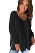 Waffle Knit Side Slits Loose Fit V Neck Top