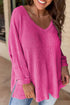 Waffle Knit Side Slits Loose Fit V Neck Top