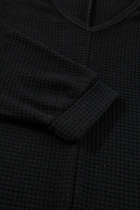 Waffle Knit Side Slits Loose Fit V Neck Top