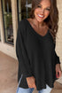 Waffle Knit Side Slits Loose Fit V Neck Top