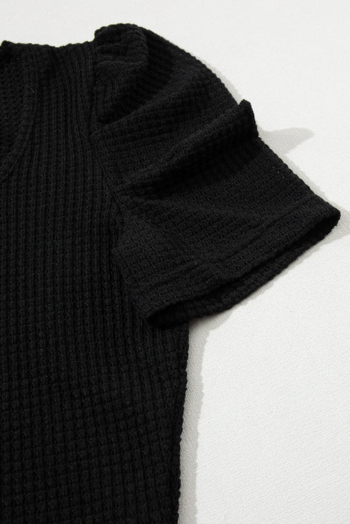 Waffle Knit Square Neck Puff Sleeve Top