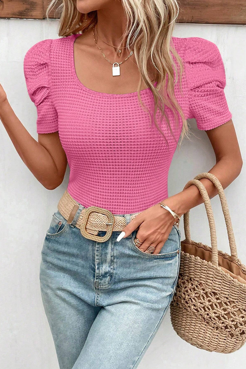 Waffle Knit Square Neck Puff Sleeve Top