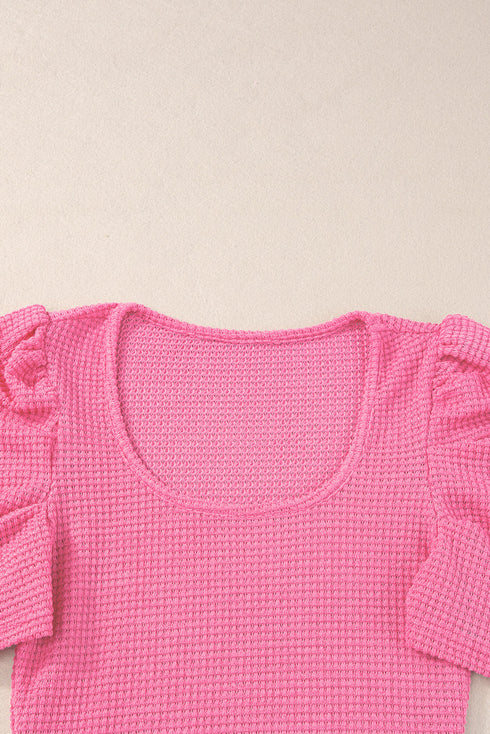 Waffle Knit Square Neck Puff Sleeve Top