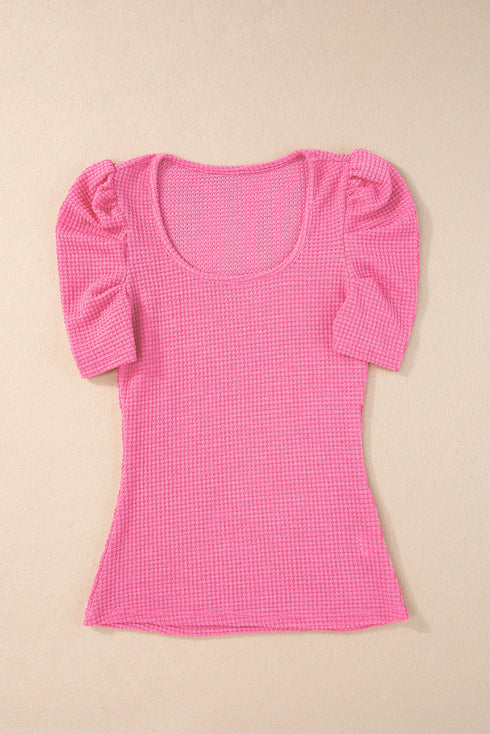 Waffle Knit Square Neck Puff Sleeve Top