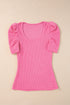 Waffle Knit Square Neck Puff Sleeve Top