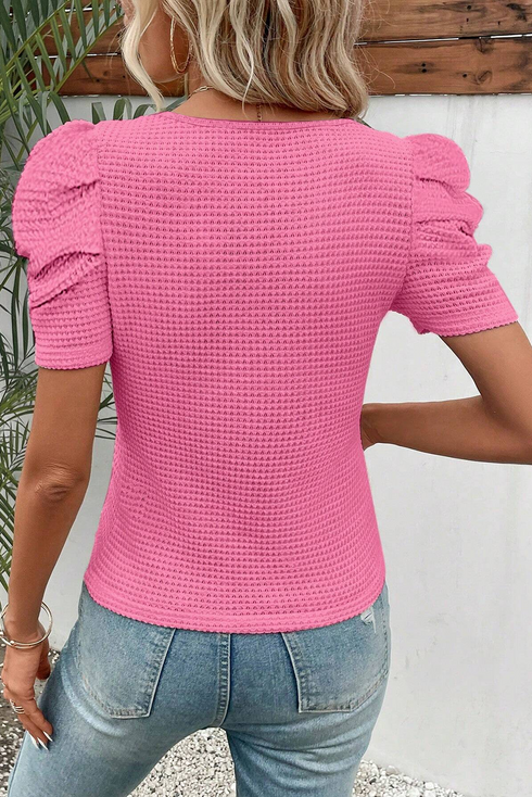 Waffle Knit Square Neck Puff Sleeve Top