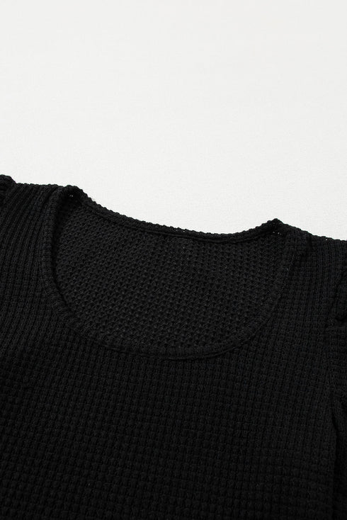 Waffle Knit Square Neck Puff Sleeve Top