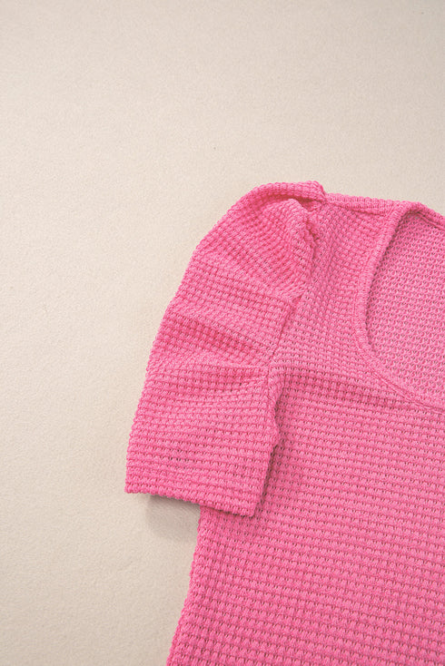 Waffle Knit Square Neck Puff Sleeve Top