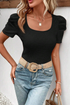 Waffle Knit Square Neck Puff Sleeve Top