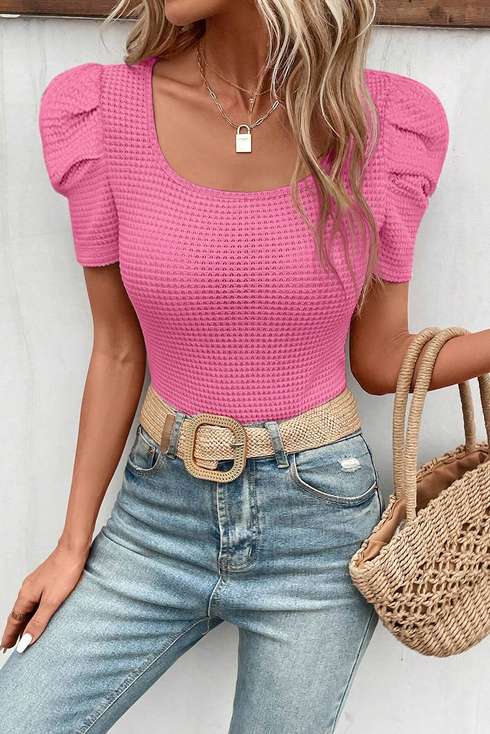 Waffle Knit Square Neck Puff Sleeve Top