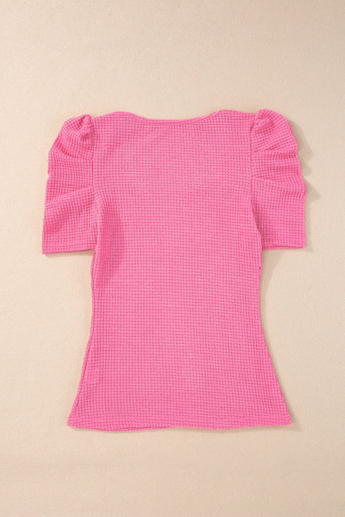 Waffle Knit Square Neck Puff Sleeve Top
