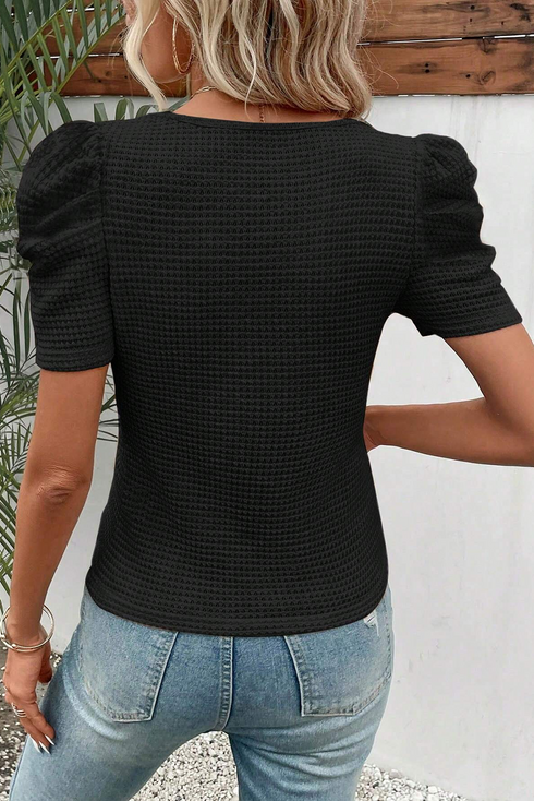 Waffle Knit Square Neck Puff Sleeve Top