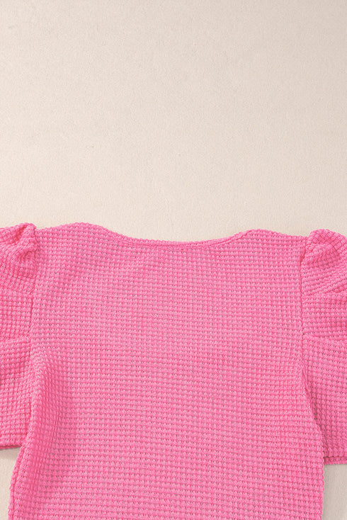 Waffle Knit Square Neck Puff Sleeve Top