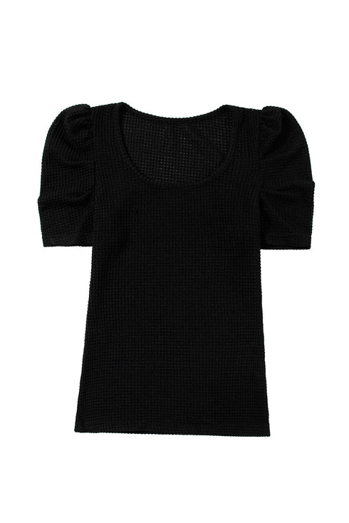 Waffle Knit Square Neck Puff Sleeve Top