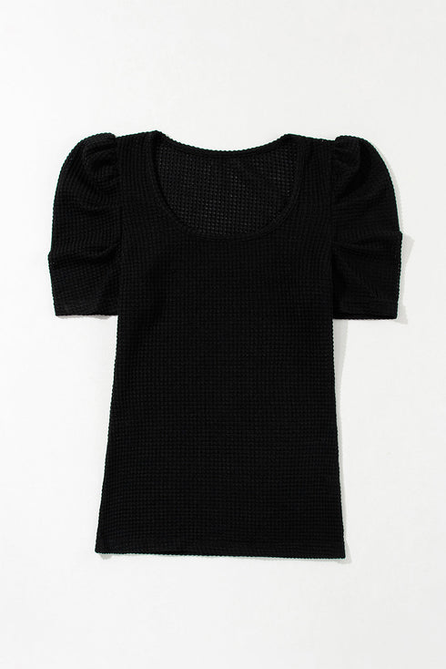 Waffle Knit Square Neck Puff Sleeve Top