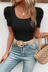 Waffle Knit Square Neck Puff Sleeve Top
