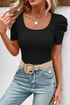 Waffle Knit Square Neck Puff Sleeve Top
