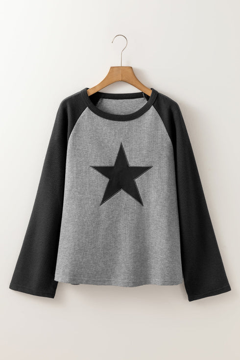 Waffle Knit Star Patch Raglan Sleeve Top