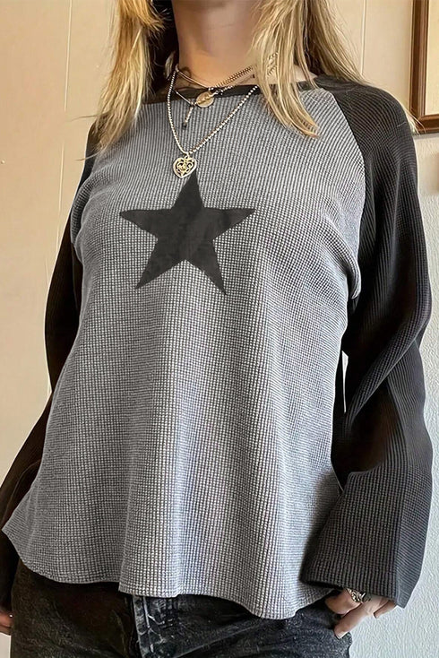 Waffle Knit Star Patch Raglan Sleeve Top