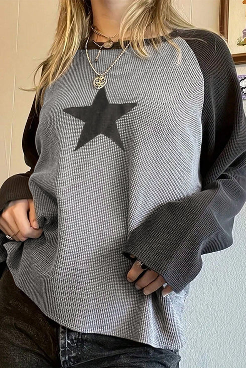 Waffle Knit Star Patch Raglan Sleeve Top