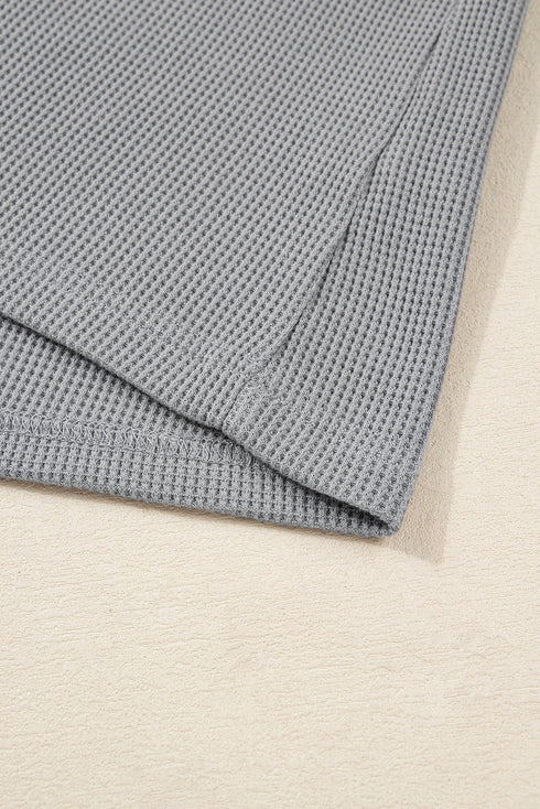 Waffle Knit Stripe Floral Patchwork Half Button Drop Shoulder Hooded Top