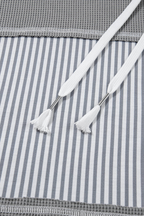 Waffle Knit Stripe Floral Patchwork Half Button Drop Shoulder Hooded Top