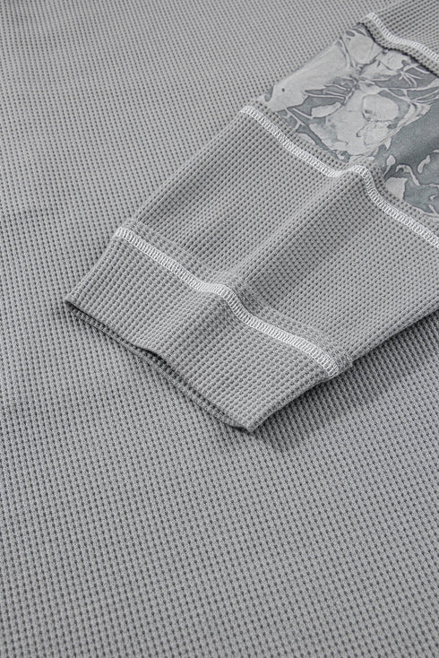 Waffle Knit Stripe Floral Patchwork Half Button Drop Shoulder Hooded Top