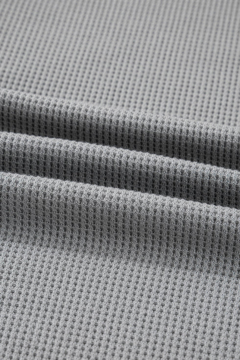 Waffle Knit Stripe Floral Patchwork Half Button Drop Shoulder Hooded Top