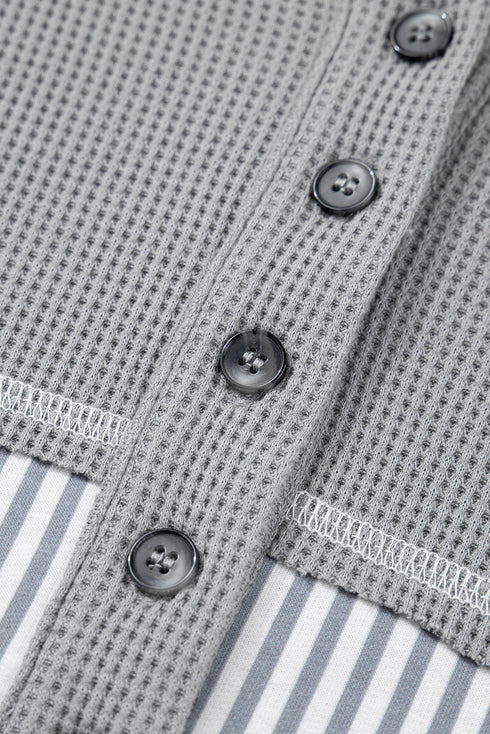 Waffle Knit Stripe Floral Patchwork Half Button Drop Shoulder Hooded Top