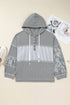 Waffle Knit Stripe Floral Patchwork Half Button Drop Shoulder Hooded Top