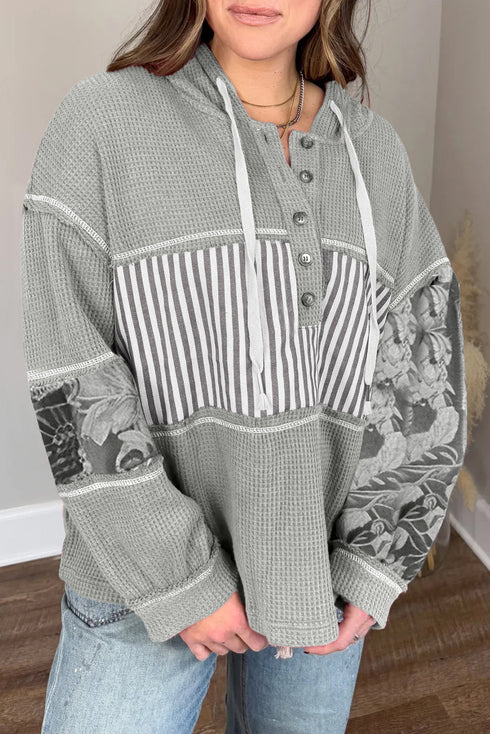 Waffle Knit Stripe Floral Patchwork Half Button Drop Shoulder Hooded Top