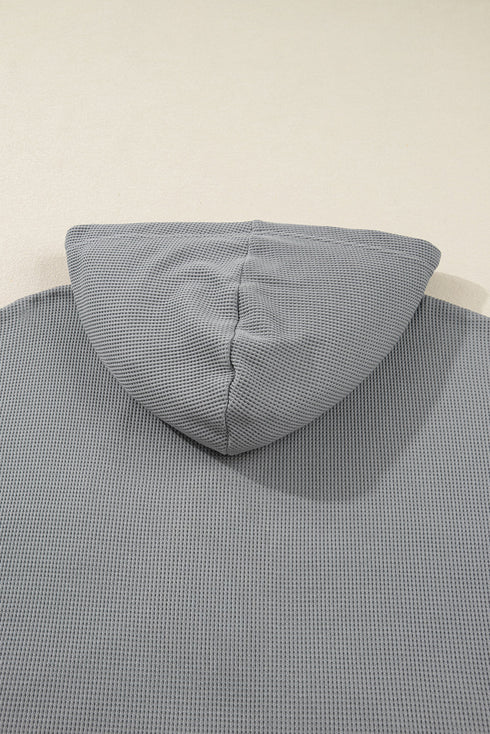 Waffle Knit Stripe Floral Patchwork Half Button Drop Shoulder Hooded Top