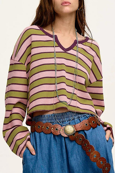 Waffle Knit Striped Notched Neck Long Sleeve Top