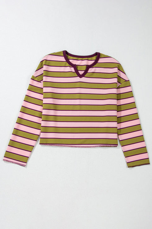 Waffle Knit Striped Notched Neck Long Sleeve Top
