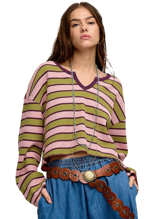 Waffle Knit Striped Notched Neck Long Sleeve Top