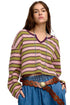 Waffle Knit Striped Notched Neck Long Sleeve Top