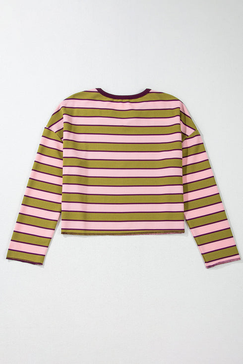 Waffle Knit Striped Notched Neck Long Sleeve Top