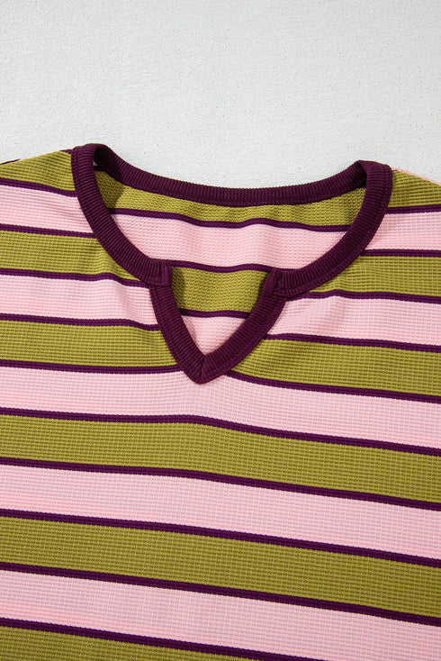 Waffle Knit Striped Notched Neck Long Sleeve Top