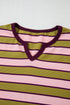 Waffle Knit Striped Notched Neck Long Sleeve Top