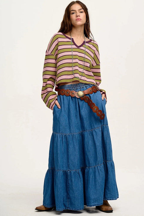 Waffle Knit Striped Notched Neck Long Sleeve Top