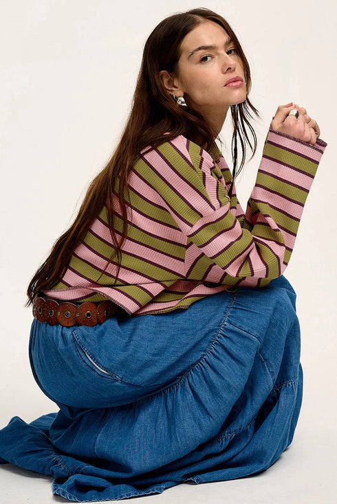 Waffle Knit Striped Notched Neck Long Sleeve Top