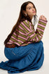 Waffle Knit Striped Notched Neck Long Sleeve Top