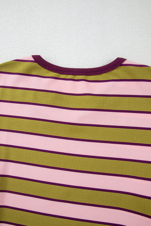 Waffle Knit Striped Notched Neck Long Sleeve Top