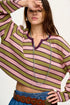 Waffle Knit Striped Notched Neck Long Sleeve Top