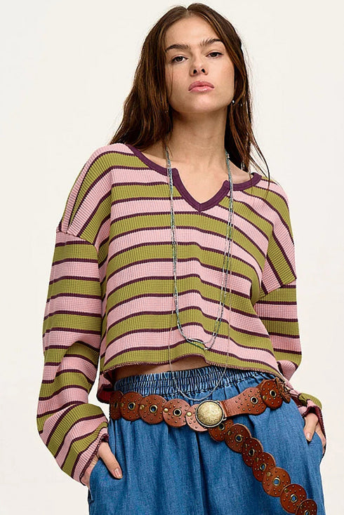 Waffle Knit Striped Notched Neck Long Sleeve Top