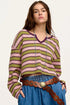Waffle Knit Striped Notched Neck Long Sleeve Top