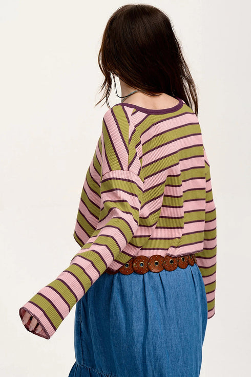 Waffle Knit Striped Notched Neck Long Sleeve Top