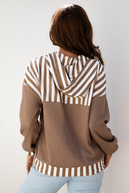 Waffle Knit Striped Patchwork Button Neck Drawstring Hoodie