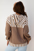 Waffle Knit Striped Patchwork Button Neck Drawstring Hoodie