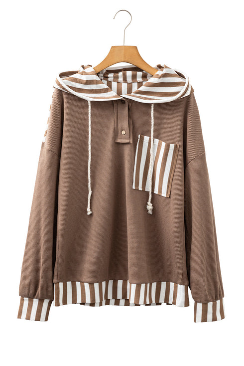 Waffle Knit Striped Patchwork Button Neck Drawstring Hoodie